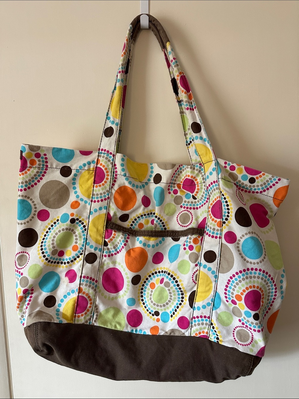 Thirty-one Colorful Dot Canvas Tote Bag with Brown Base